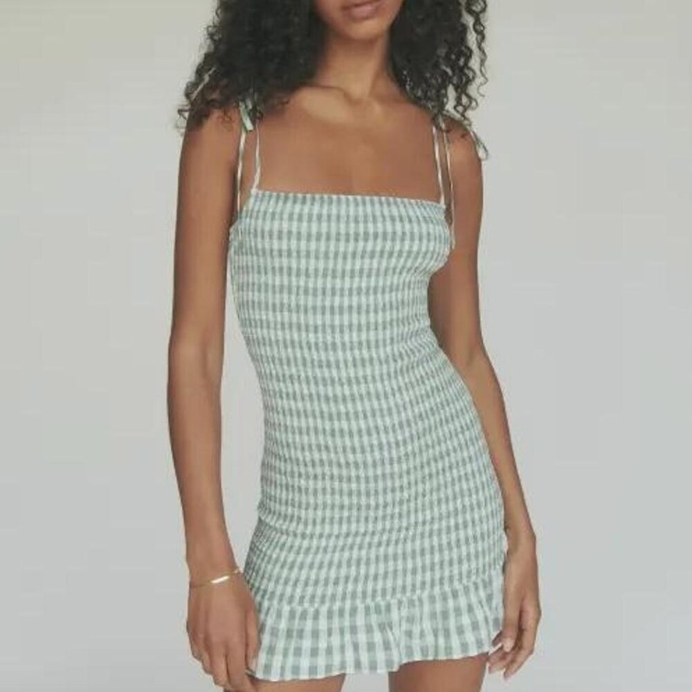 REFORMATION Green Gingham Smocked Ruffle Mini Dress NWOT Large